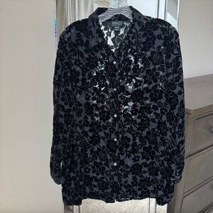 Velvet Silk Burnout Embossed Sheer Lace Button-Down Blouse Long Sleeve Sheer top